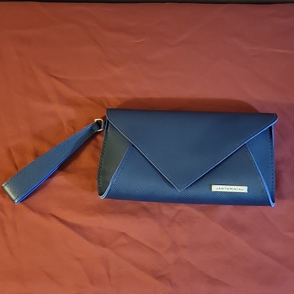 Jantaminiau Royal Blue Wristlet Vinyl KLM Purse Wallet Bag Clutch